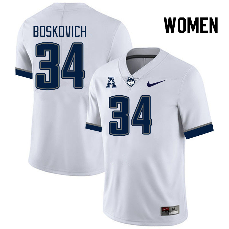 Women #34 Carter Boskovich Uconn Huskies College Football Jerseys Stitched-White